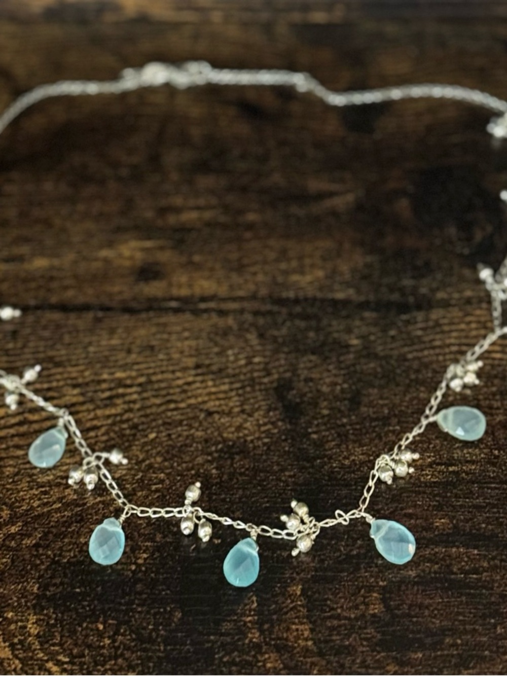 Delicate Sterling Silver Necklace with Chalcedony Blue Teardrops